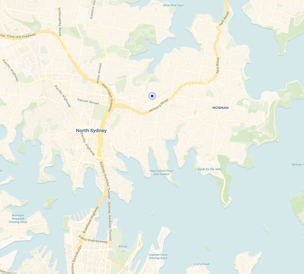 Map of the Cremorne service area and the surrounding Lower North Shore, showing Cremorne and the nearby streets we cover.