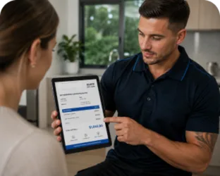 Plumber showing a Cremorne customer the quote on a tablet