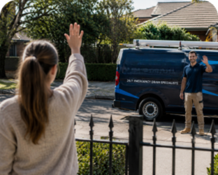 Customer waving goodbye to a Cremorne Blocked Drains plumber